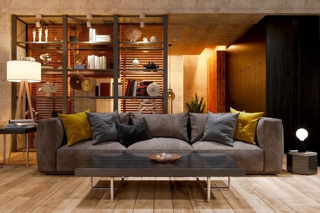 Luxury Living Room At Night With Sofa, Floor Lamp And Parquet Floor.
