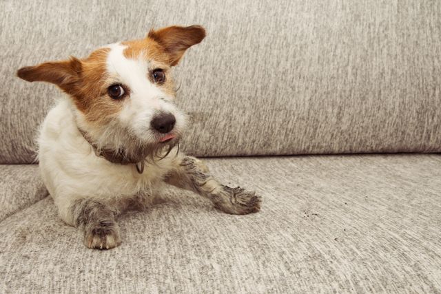 front view of a small dog with dirty paws sitting on a beige sofa