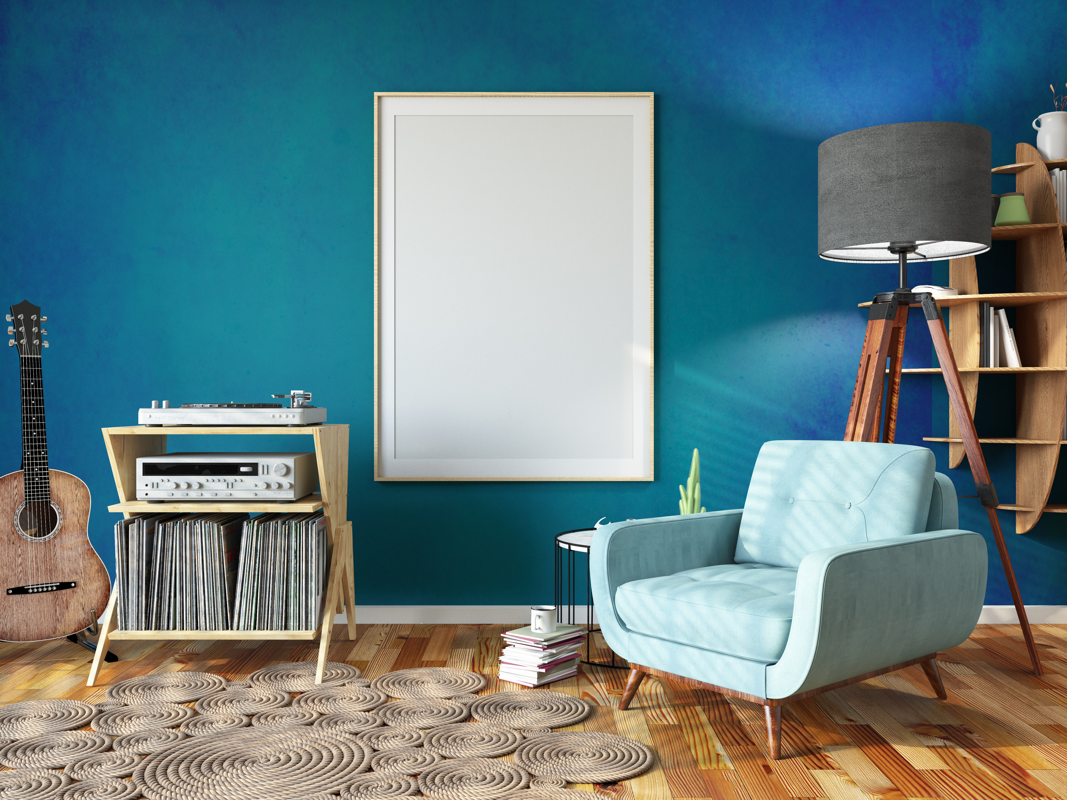 A cozy, eclectic living space with blue seating and wood furniture 