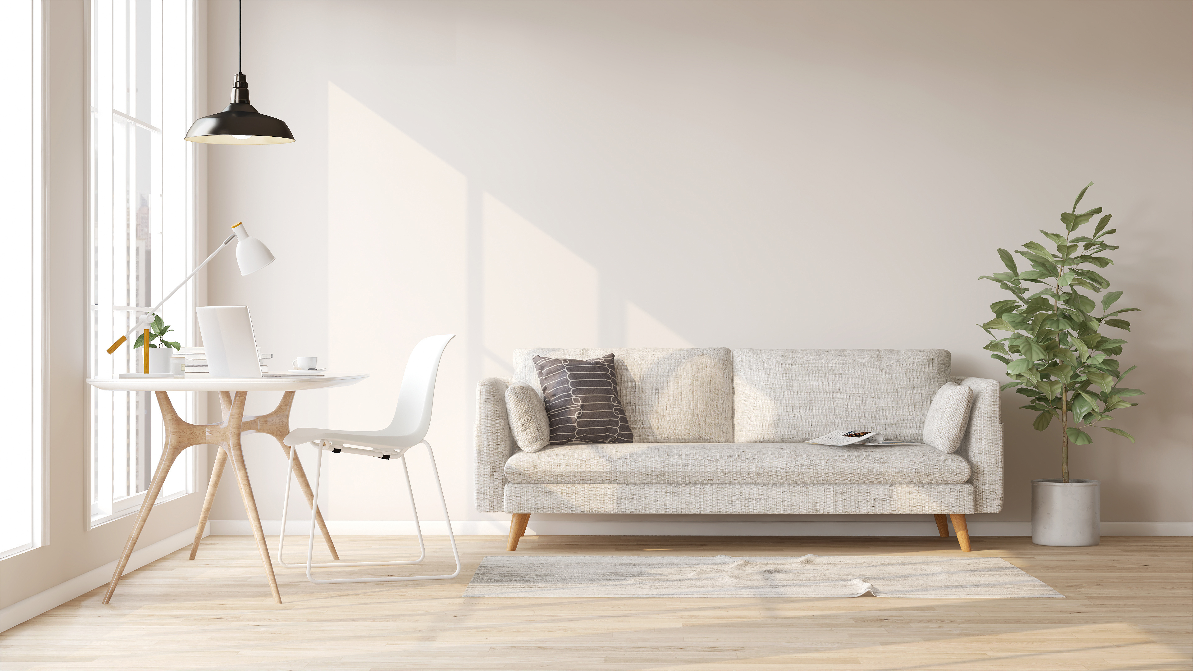 A modern den with white and wood furniture 