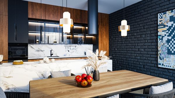 A modern dining room with a blue brick accent wall 