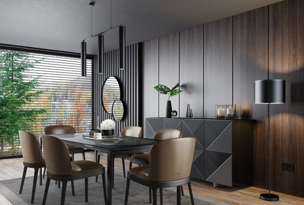 A modern dining room with décor and a wooden accent wall 