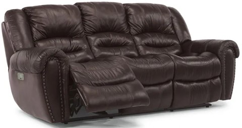 Stock photo of a Flexsteel Furniture three seater, dark brown recliner sofa. 
