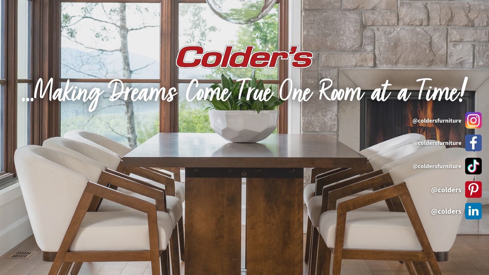 A dining table and chairs in the background of a banner for Colder’s 