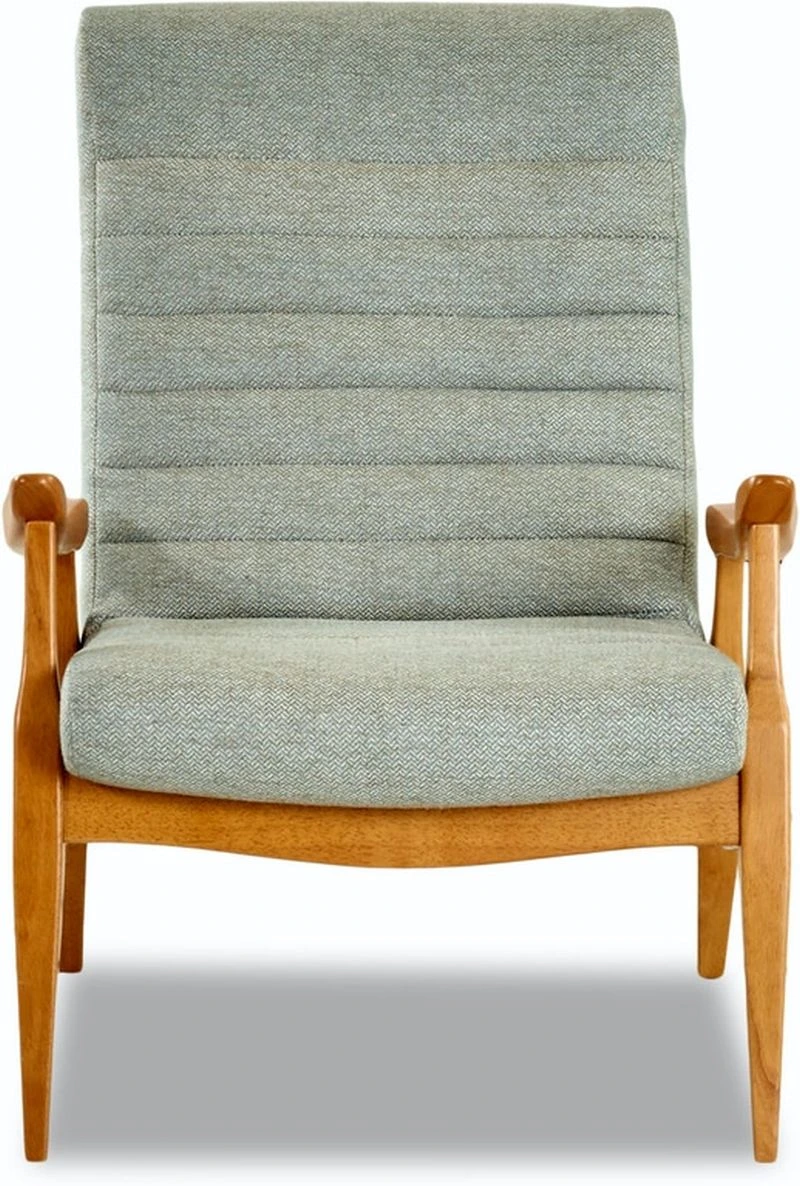 Front view of the Klaussner Hans Nobletex Rain collection gray and wood occasional chair 