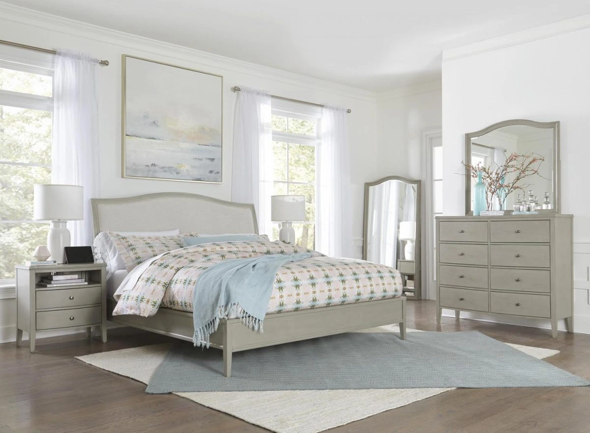 he aspenhome Charlotte collection upholstered camel back bed with matching dresser and nightstand: 
