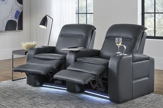 The Palliser Furniture Vertex collection power reclining home theater seating with popcorn and beverages 