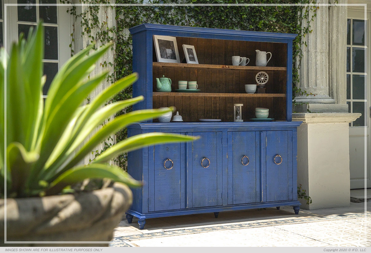 The International Furniture Direct Capris collection blue dining room hutch featured outside 