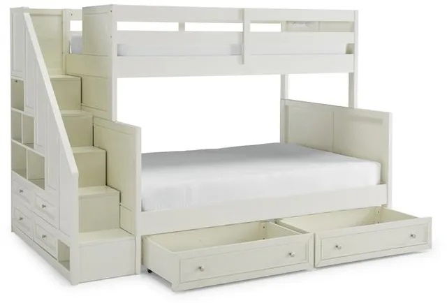 Stock photo of an off white bunk bed with storage drawers and built in stairs. 