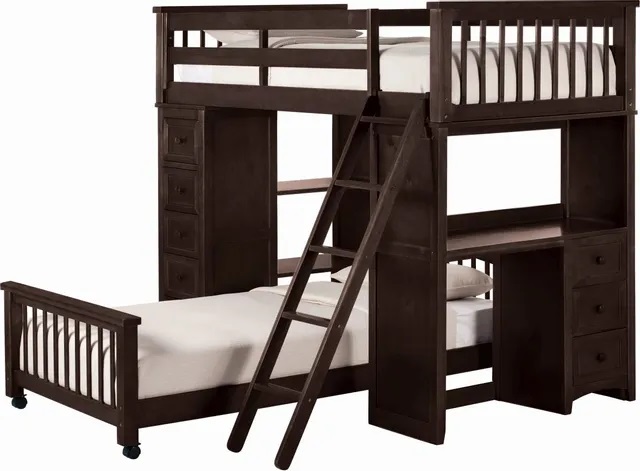 Stock photo of large wooden bunk bed with storage drawers and a small desk attached. 
