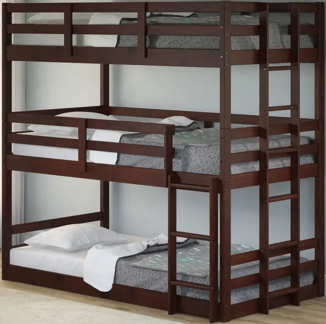 Modern bedroom with a hardwood triple bunk bed. 