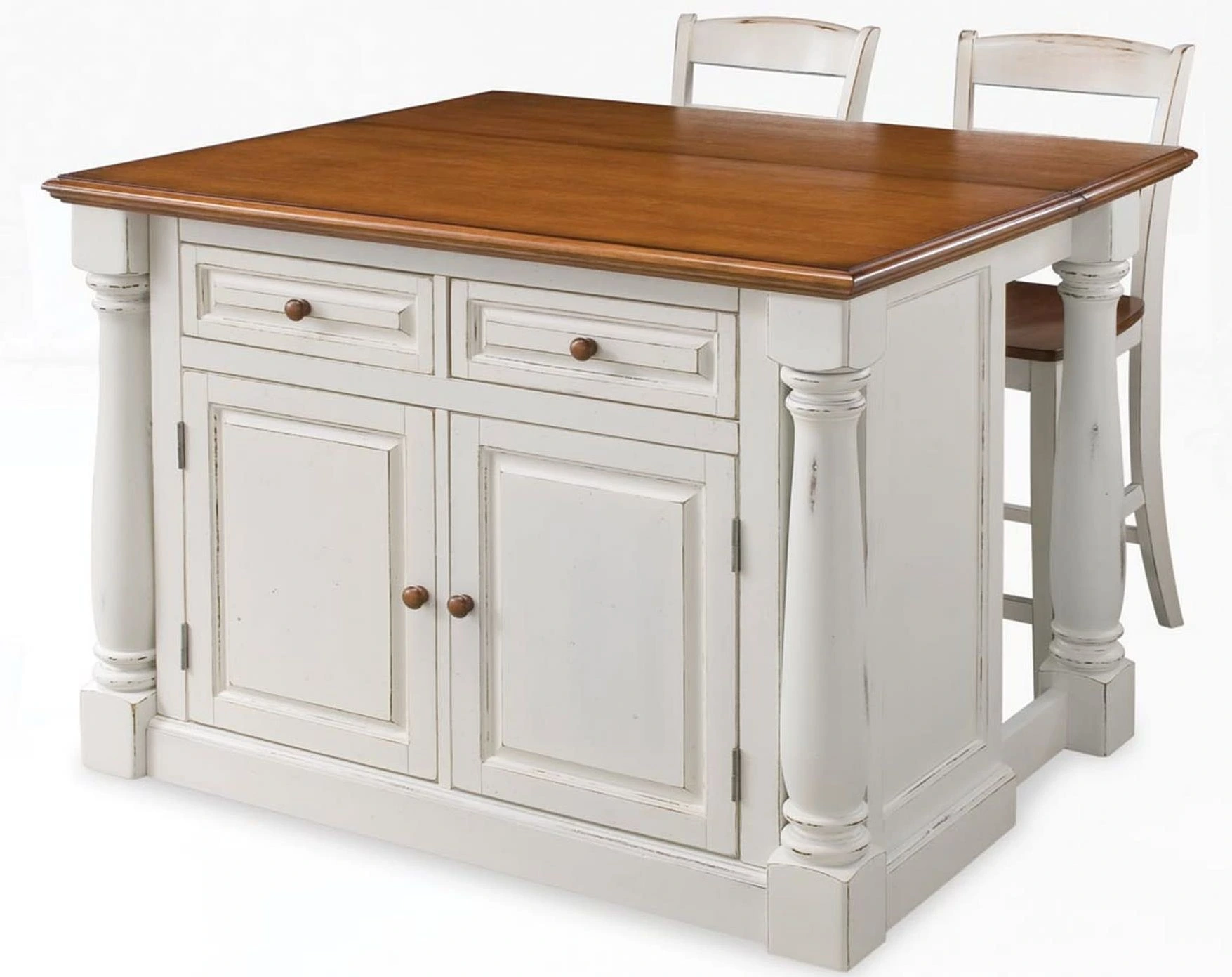 Front view of the homestyles Monarch three-piece white kitchen island set 
