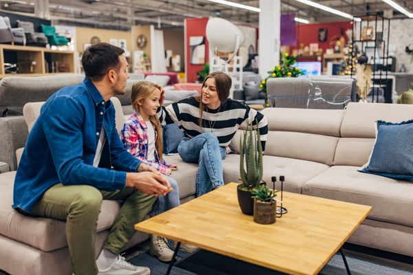 A father, mother, and daughter testing out a sectional in a store 