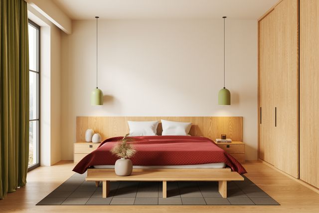 front view of a modern bedroom with a mattress on a platform bed frame