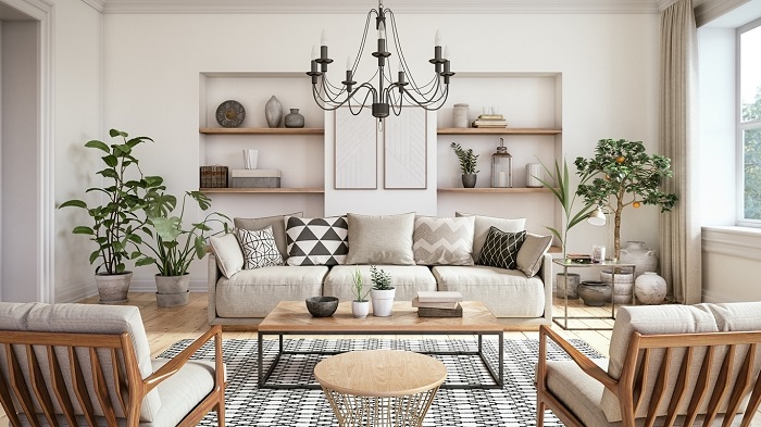 Scandinavian interior designed living room with beige colored furniture and wooden elements.