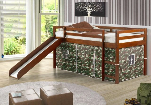 The Donco Kids twin loft bed with camo tent in an espresso finish 