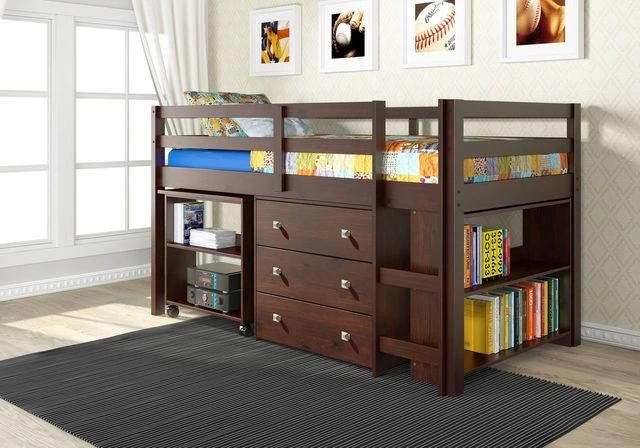 The Donco Kids twin storage loft bed with bedroom décor and sports memorabilia 