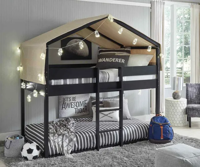 The Signature Design by Ashley Flannibrook collection twin tent loft bed with black and white décor 