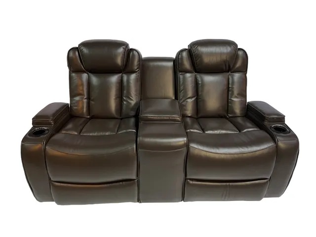 Stock photo of a dual reclining leather loveseat with a center console and cupholders on each side. 
