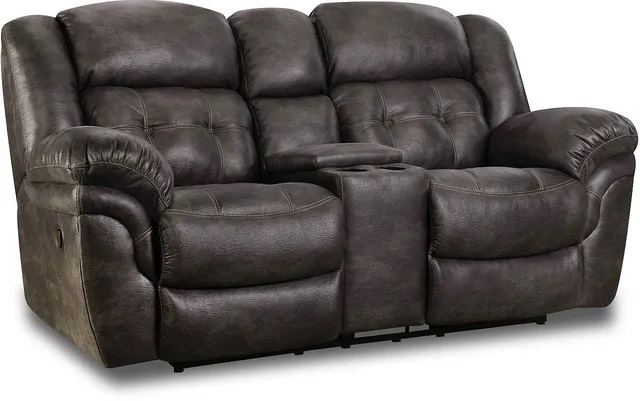 Stock photo of a dual reclining leather loveseat with a center console and cupholders in the middle. 