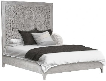Front view of the Modus Furniture Boho Chic collection platform bed with bedding 