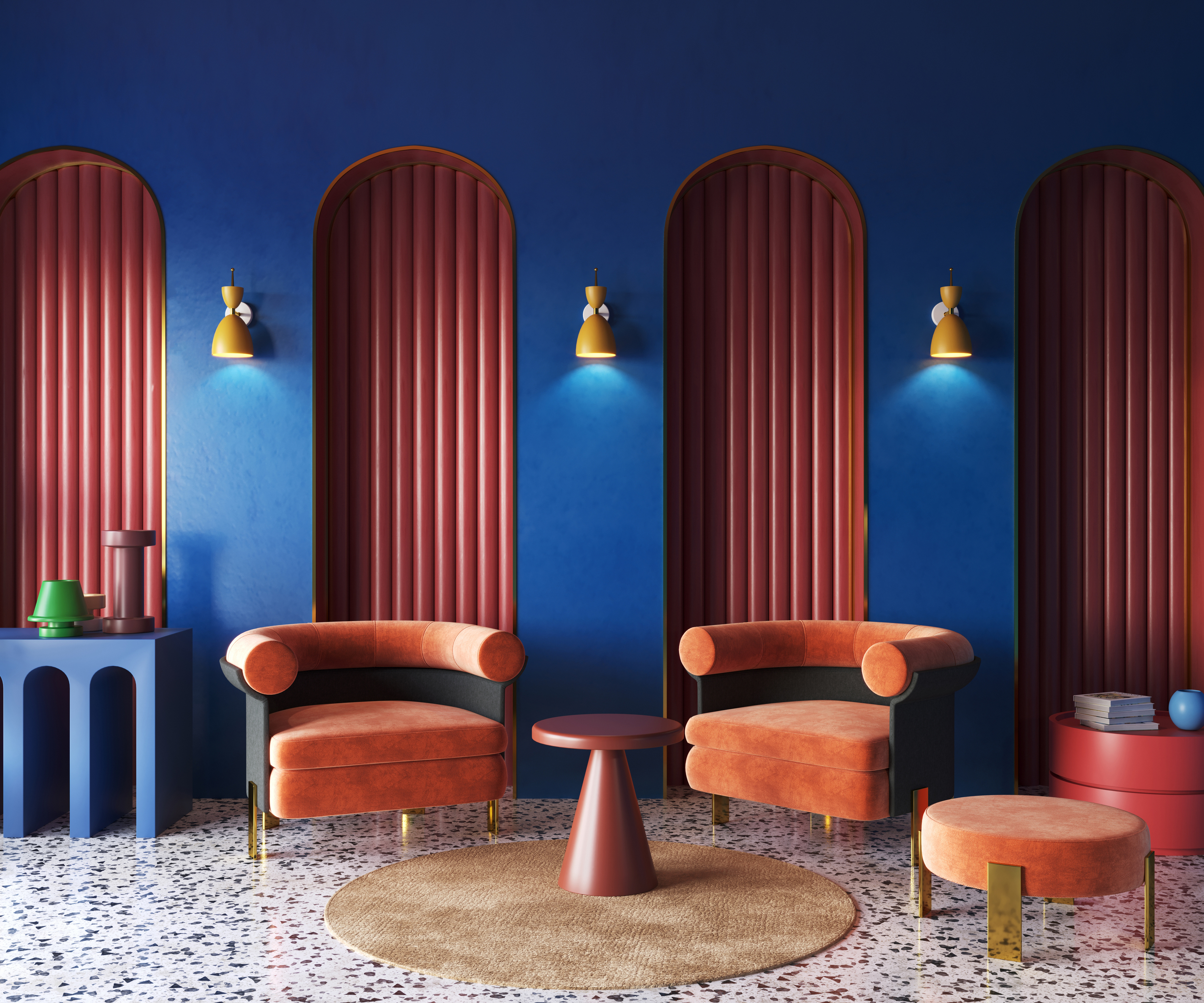 A maximalist living room with multi-color pieces and décor 