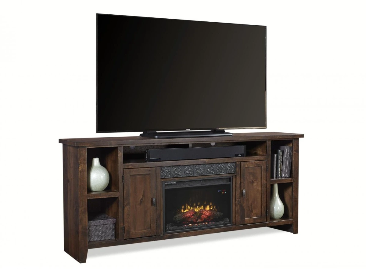 The Aspenhome Alder Grove collection 84” media console with a TV and décor 