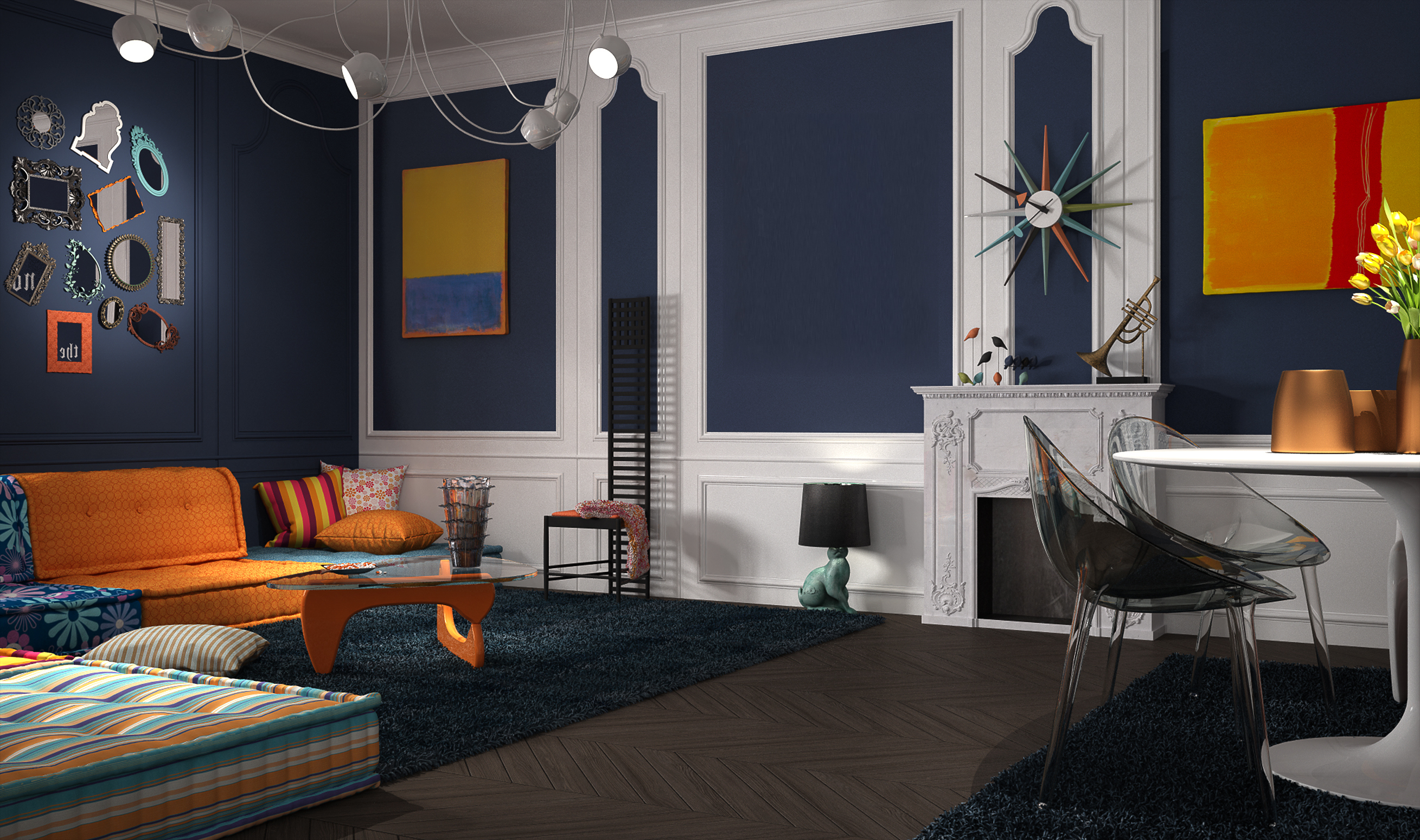 A blue, white, and yellow-themed living room with eclectic furniture pieces 