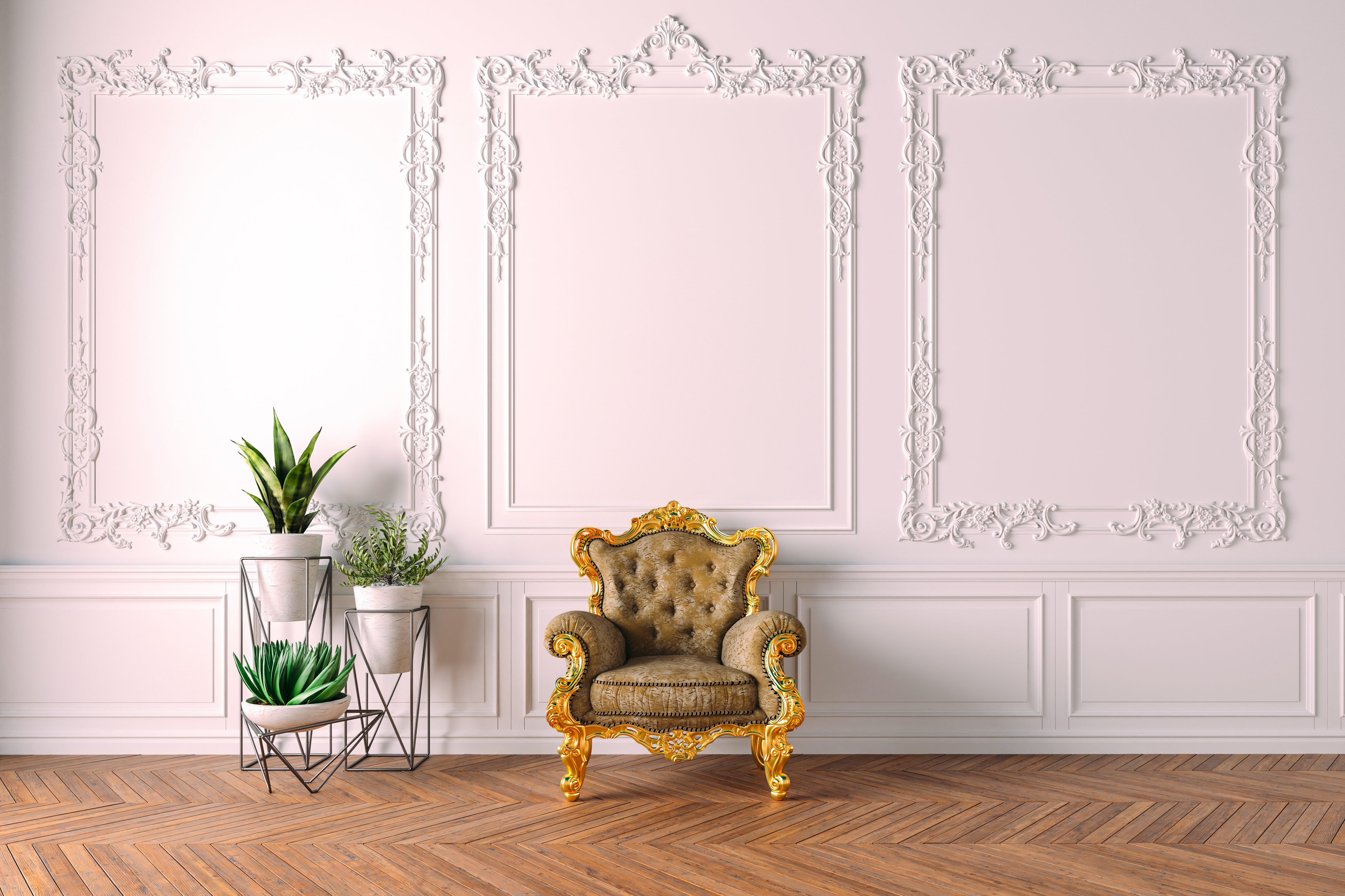 A Victorian style chair next to modern planters 