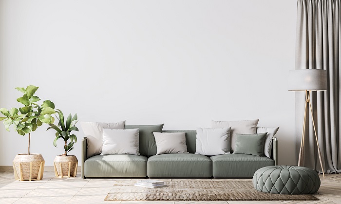 Modern interior design furniture in a brightly lit living room.