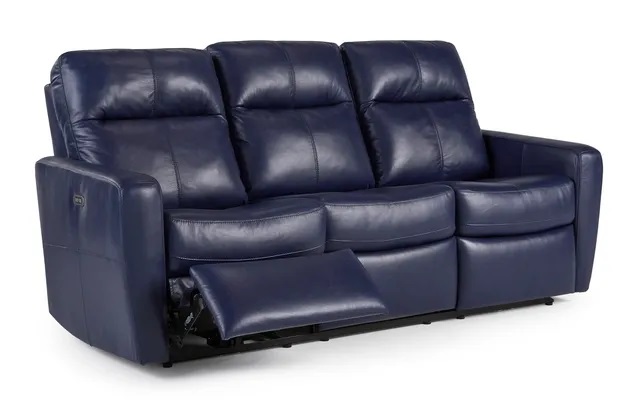 Stock photo of a blue leather Palliser recliner sofa.