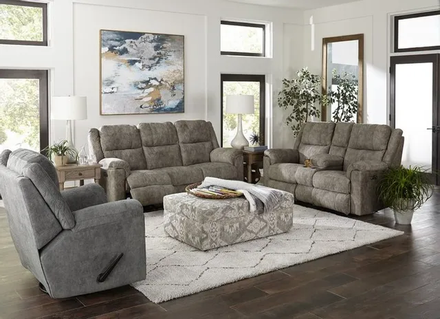 The England Furniture EZ9Z00 collection recliner sofa, loveseat, and chair in a living room 