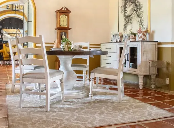 The International Furniture Direct Rock Valley dining table collection with matching chairs and furniture