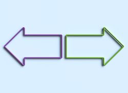 A blue and purple arrow pointing in opposite directions against a light blue background 