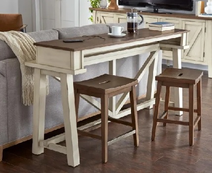 The aspenhome Pinebrook collection console table with stools and décor 