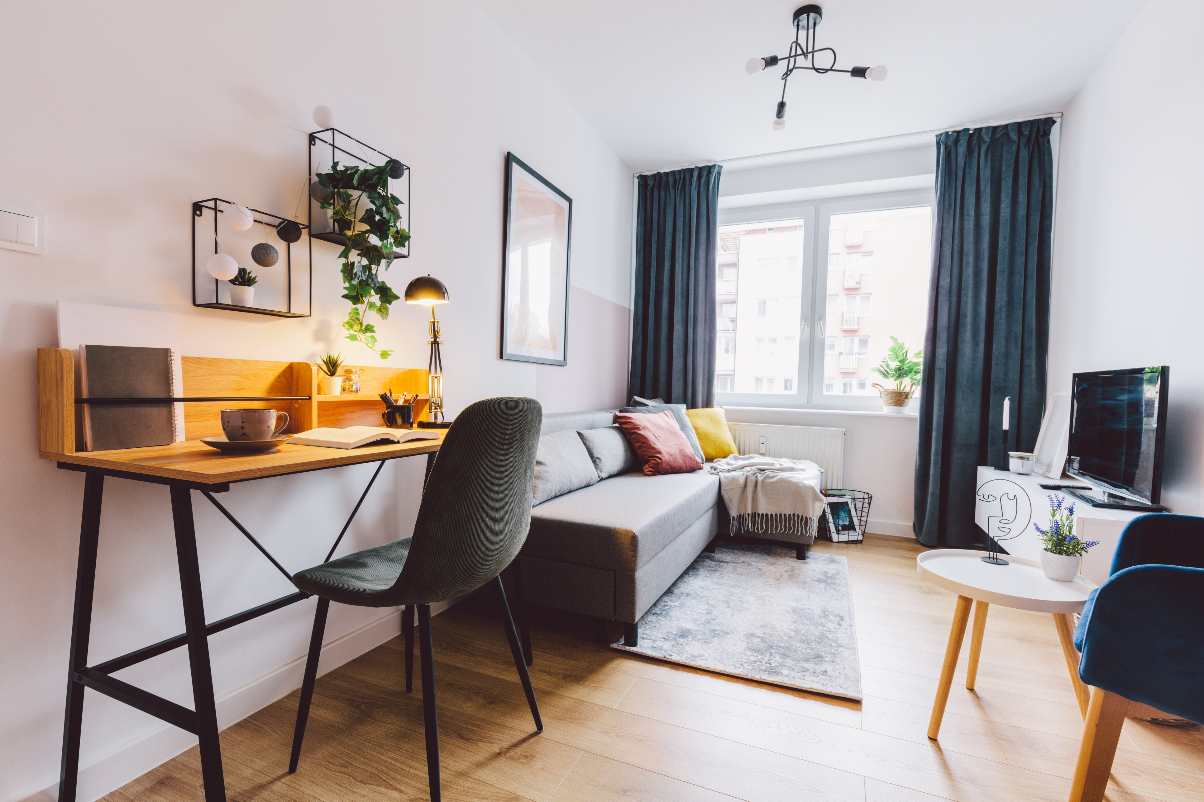 A studio apartment with several pieces of modern furniture 