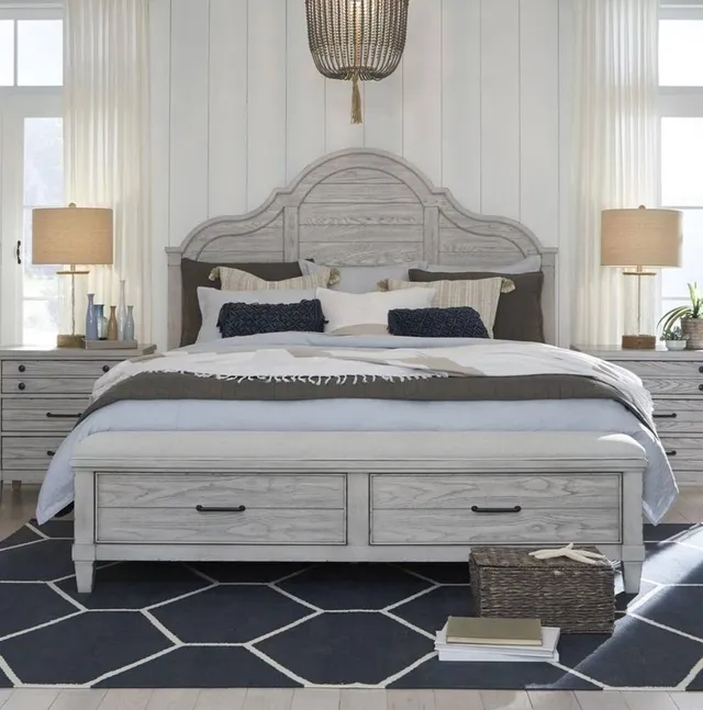 Front view of the Legacy Classic Modern Belhaven panel storage bed in a bedroom 