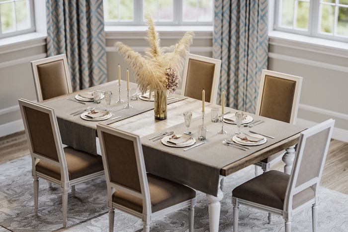 Close up view from above of a beautiful dining room set in a luxurious house.