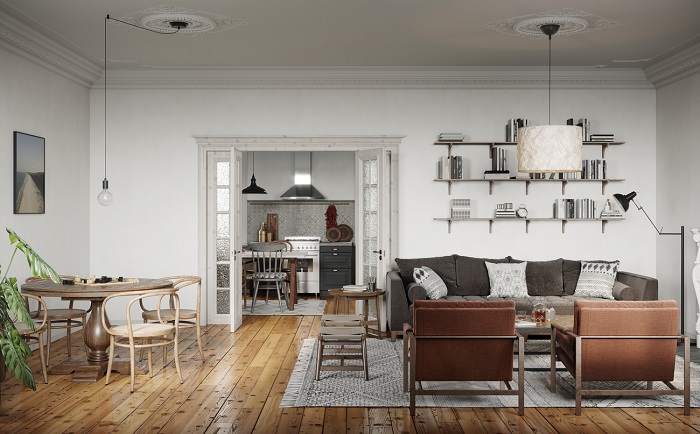 Interior of modern residence of a family home, with dining room, common area, and the view of the kitchen.