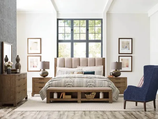 The American Drew Meadowood collection platform bed with décor 