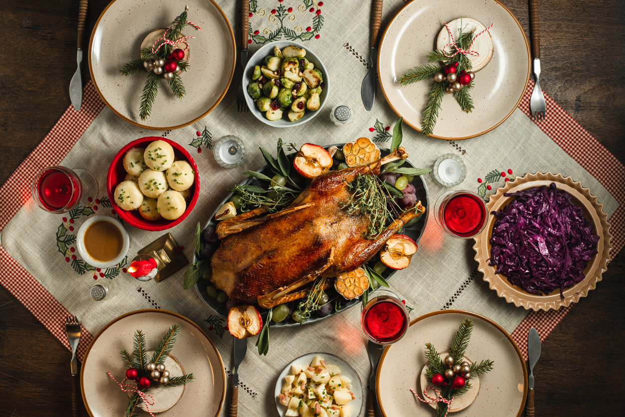 traditional German Christmas dinner served on a square table