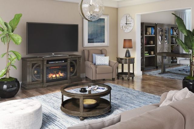 front view of a casual living room with a tv on a tv fireplace stand with matching furniture
