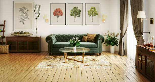 living room with velvet couch and curtains