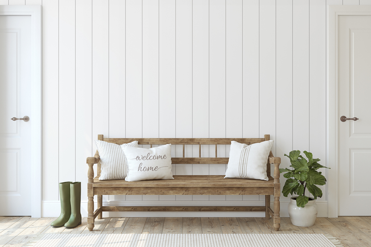 Wood walls and wood furniture with white textured walls