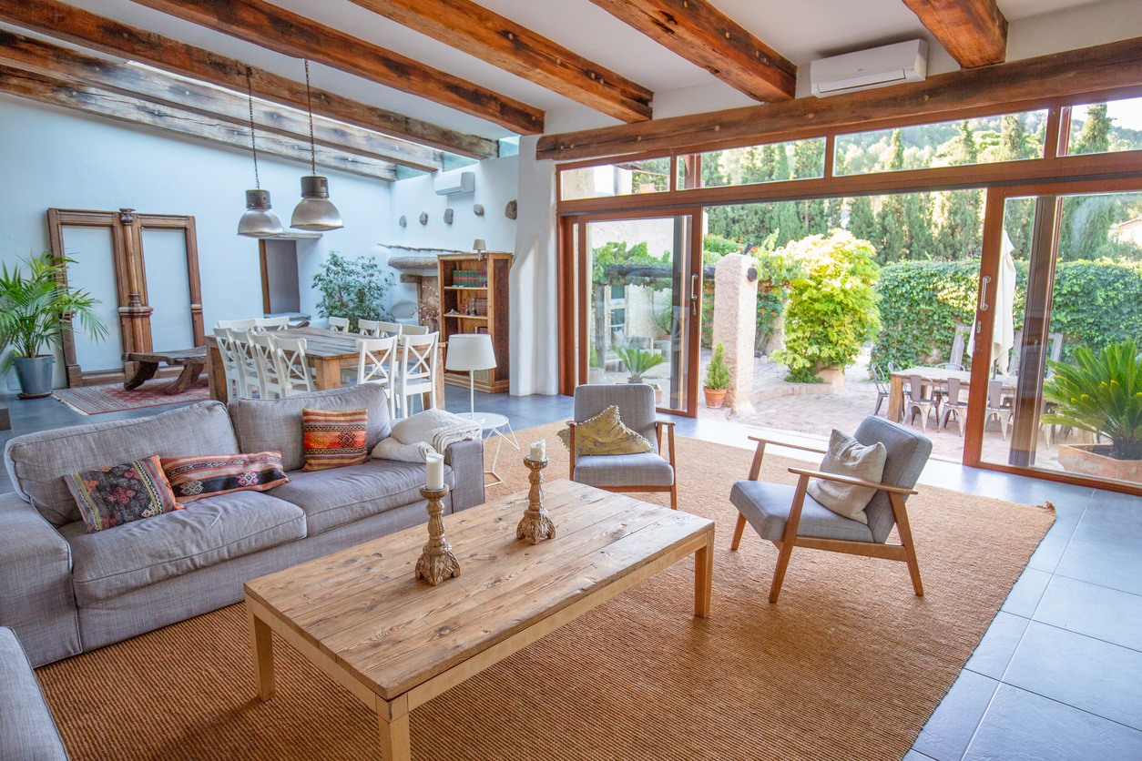 Rustic style living room with exposed beams