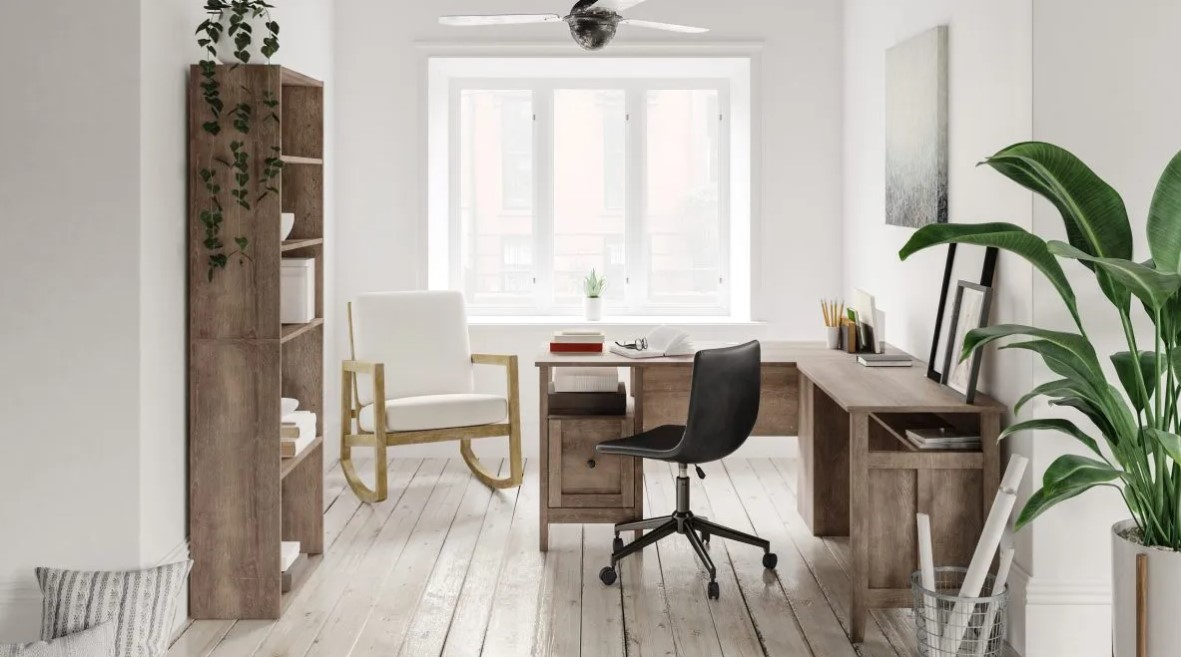 Wood office furniture are featured in an understated yet stylish home office