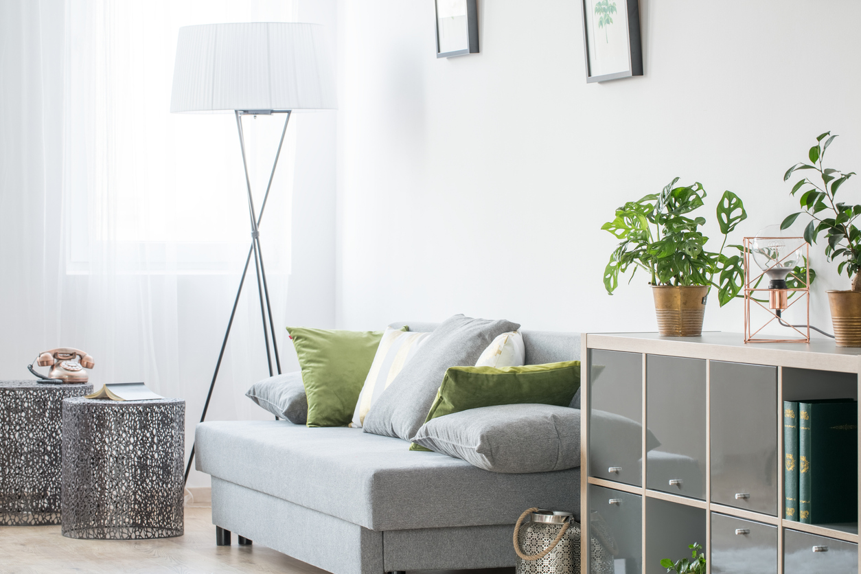 Bright room with grey sofa and floor lamp.