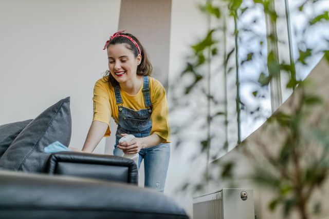 front view of a woman smiling and cleaning her grey sofa