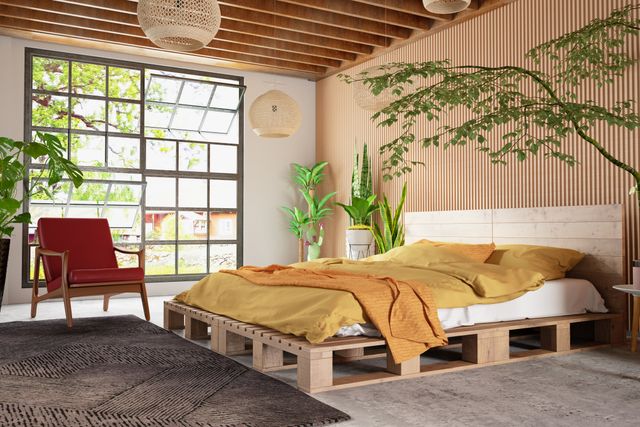 front view of the a casual style bedroom with a bed on wooden pallets and mid-century modern furniture