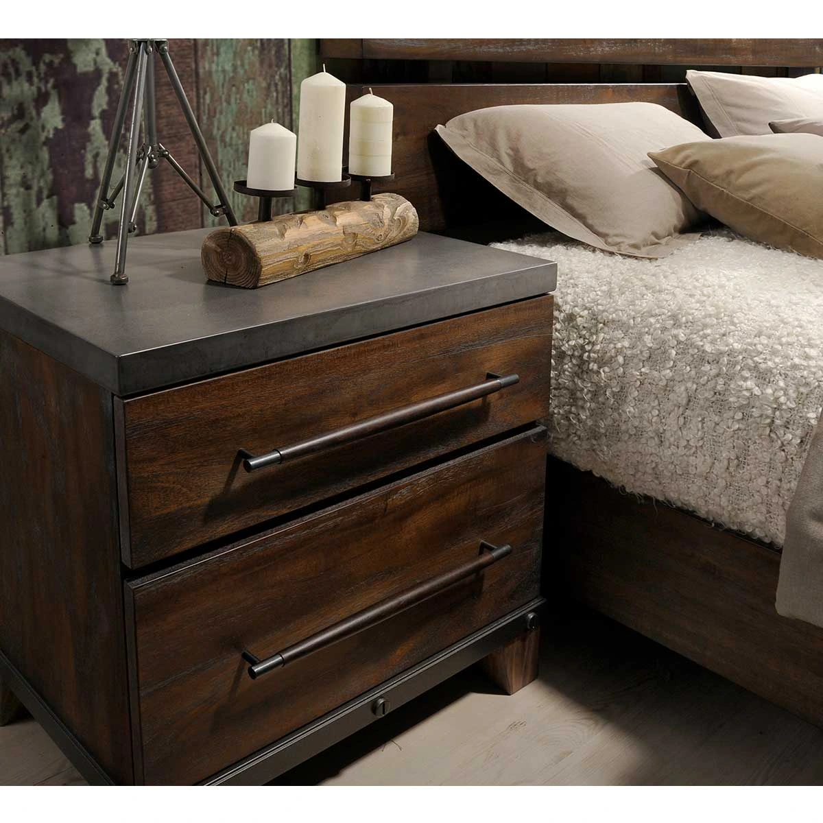 Credit: Austin Group Furniture The Austin Group Furniture Forge collection wooden nightstand